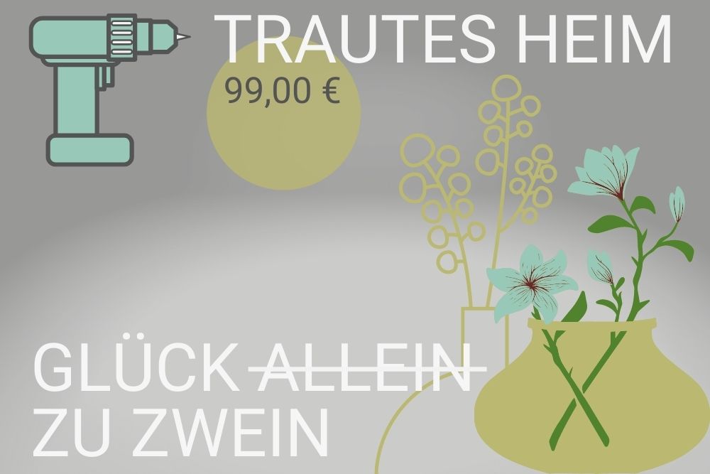 Grafik für mein Angebot Einrichtungsberatung Paarberatung. Sinnbildllich für frisch zusammen gezogene Paare, die erst noch den gemeinsamen Stil finden müssen, sind eine Bohrmaschine und eine Blumenvase dargestellt.