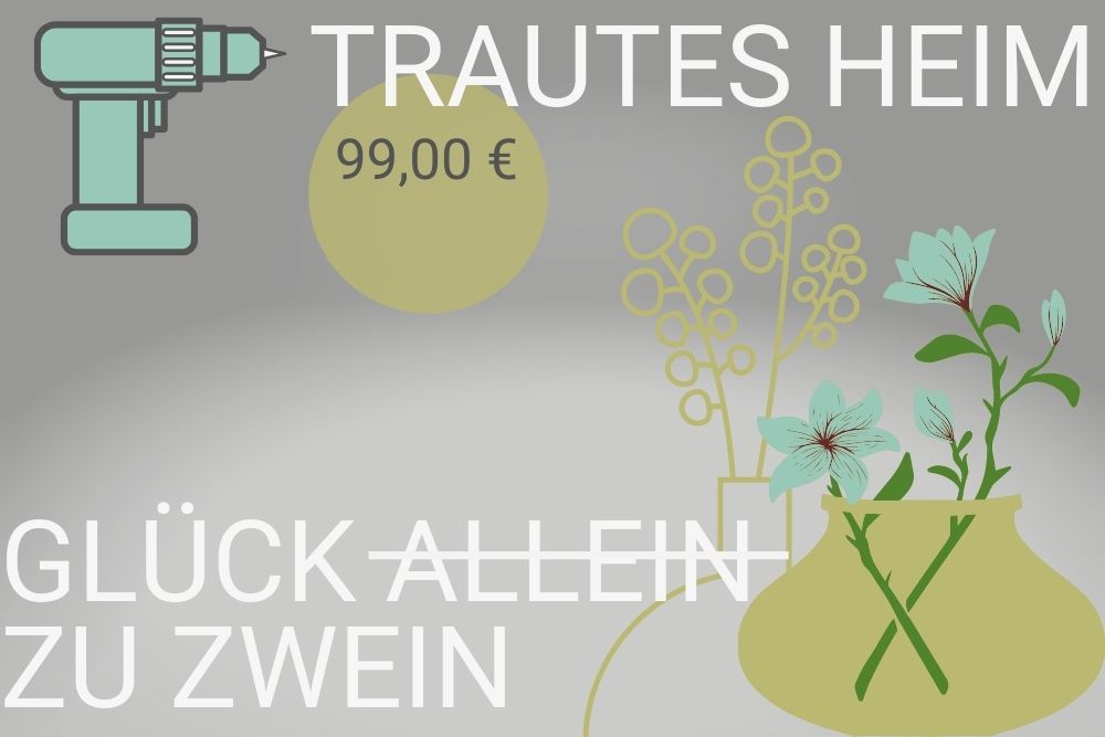 Grafik für mein Angebot Einrichtungsberatung Paarberatung. Sinnbildllich für frisch zusammen gezogene Paare, die erst noch den gemeinsamen Stil finden müssen, sind eine Bohrmaschine und eine Blumenvase dargestellt.