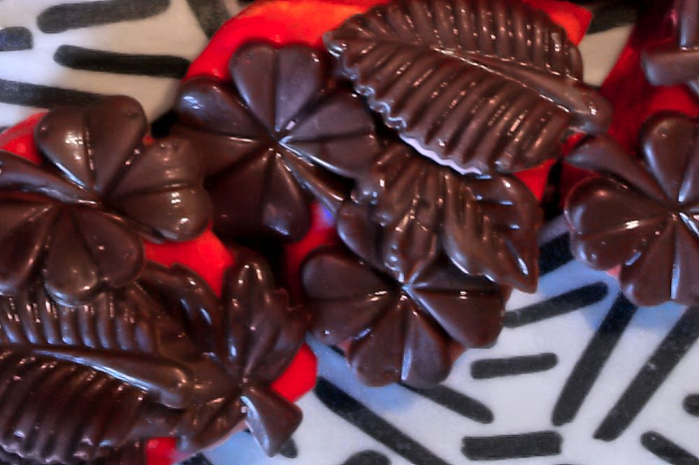 Buchstaben-Plätzchen mit rotem Zuckerguss und Schokoladenblättern.