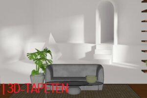 Schlauchzimmer einrichten: 3D-Tapeten an den langen Seiten vergrößern die Tiefenwirkung.