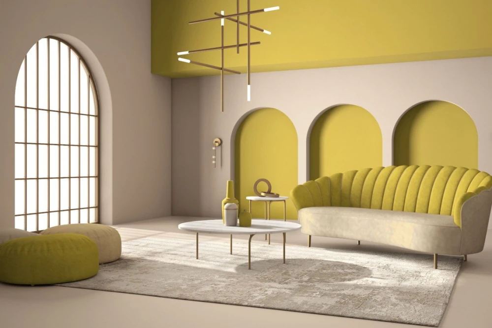 Innenraumgestaltung Leipzig: ein Wohnzimmer mit Sofa, großen Sitzkissen, Rundbogenfenster, einem flachen runden Couchtisch.