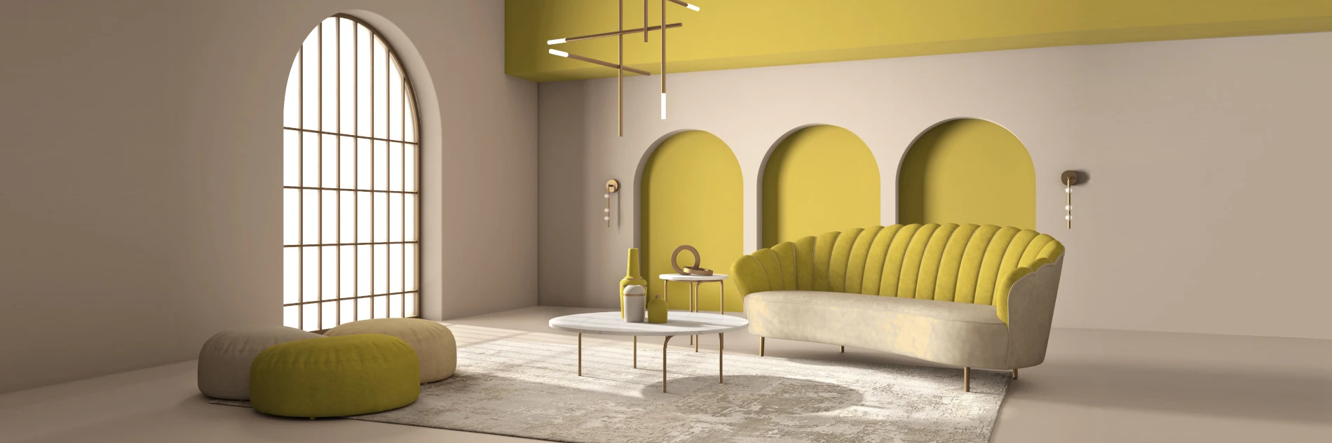 Innenraumgestaltung Leipzig, hier ein Wohnzimmer mit der Fokusfarbe gelb und einer schönen Mischung aus alt und neu.