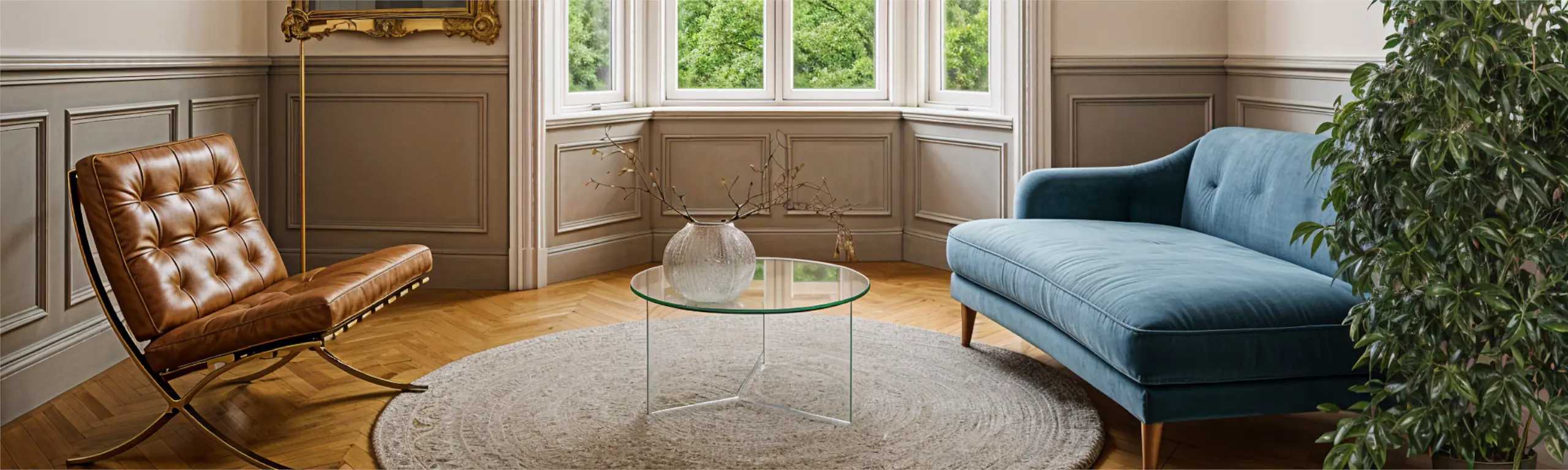 Interior Design Leipzig: Ein schöner Altbau mit Erker und Blick ins Grüne. Es gibt Parkett und Kassettenwände, die Farbpalette ist erdig und natürlich.